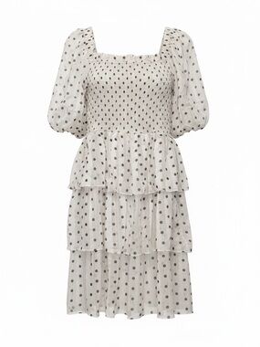 <NWT> English Factory White Polka Dot Smocked Midi Dress with Black Dots | L
